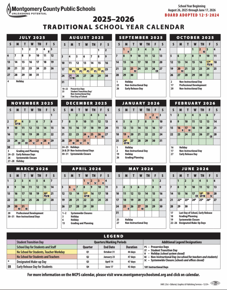 2025 26 MCPS Calendar Gaithersburg MS