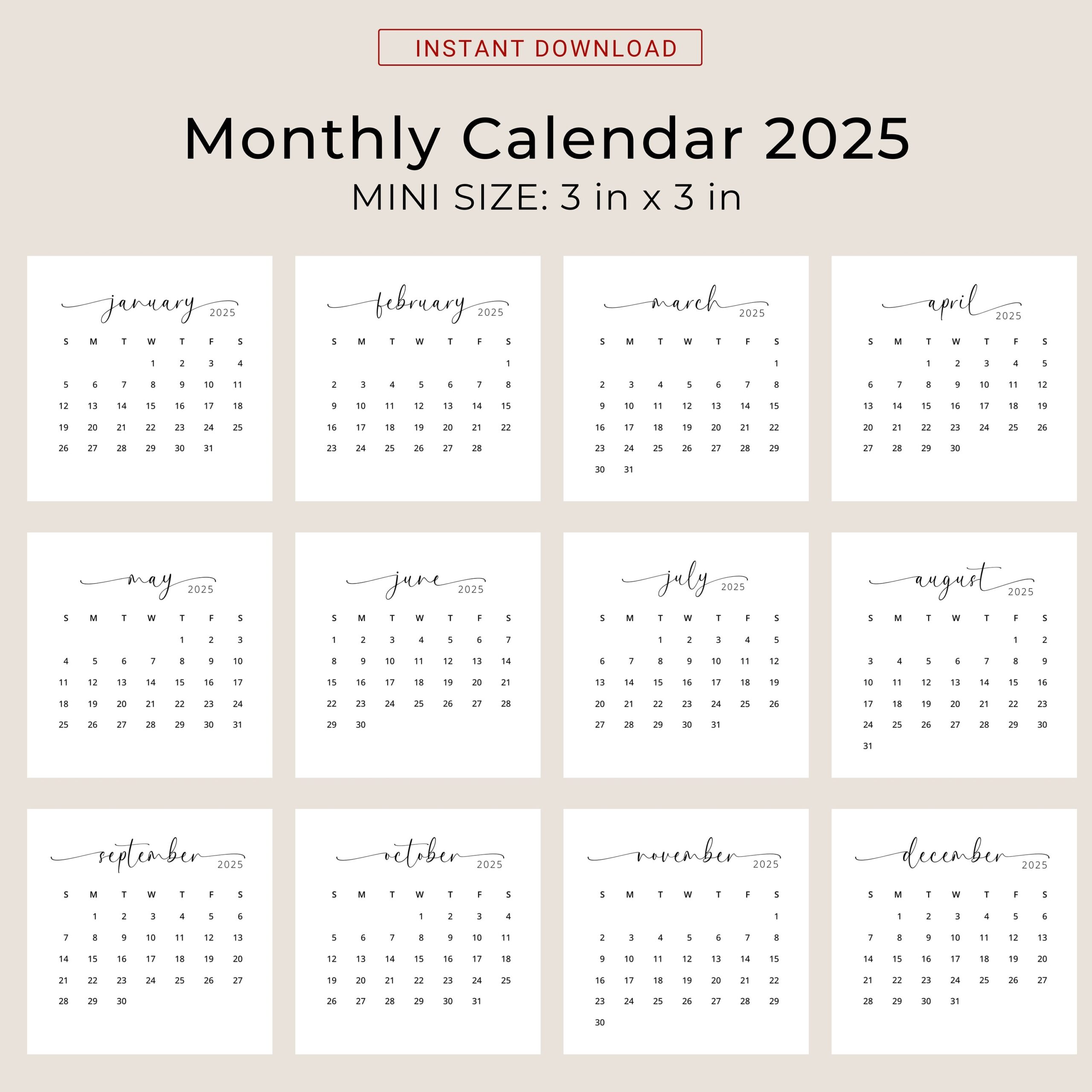2025 3x3 Mini Calendar 2025 Calendar Card 2025 Pocket Calendar Elegant Printable Calendar Mini 3x3 Inch Calendar PDF Sunday Monday Start Etsy