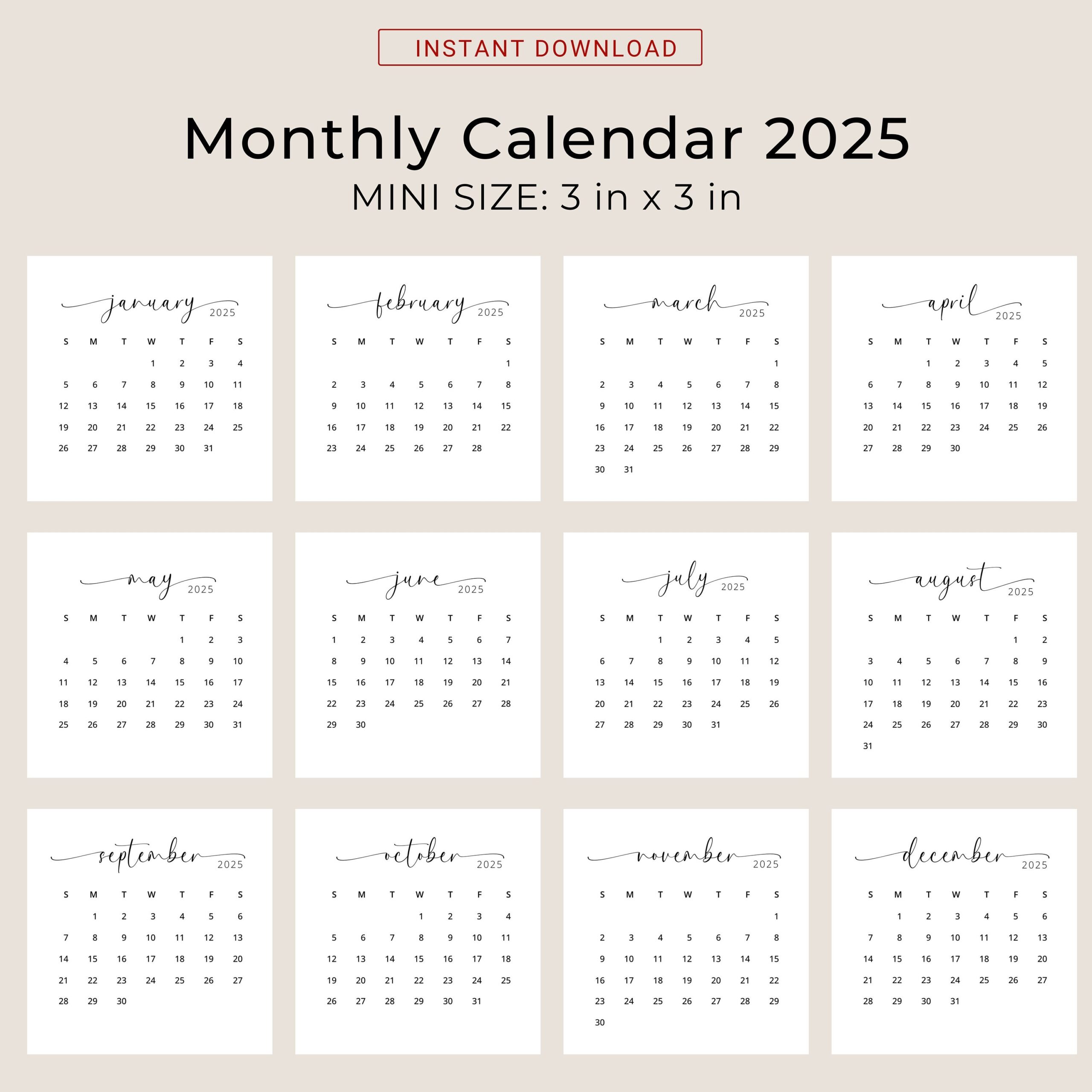 2025 3x3 Mini Calendar 2025 Calendar Card 2025 Pocket Calendar Elegant Printable Calendar Mini 3x3 Inch Calendar PDF Sunday Monday Start Etsy
