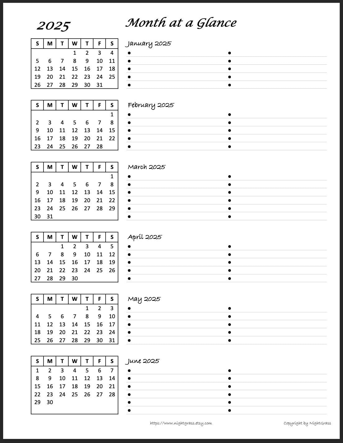 2025 6 month At A Glance Minimalist Calendar 8 5x11 Instant Digital Download PDF File Etsy