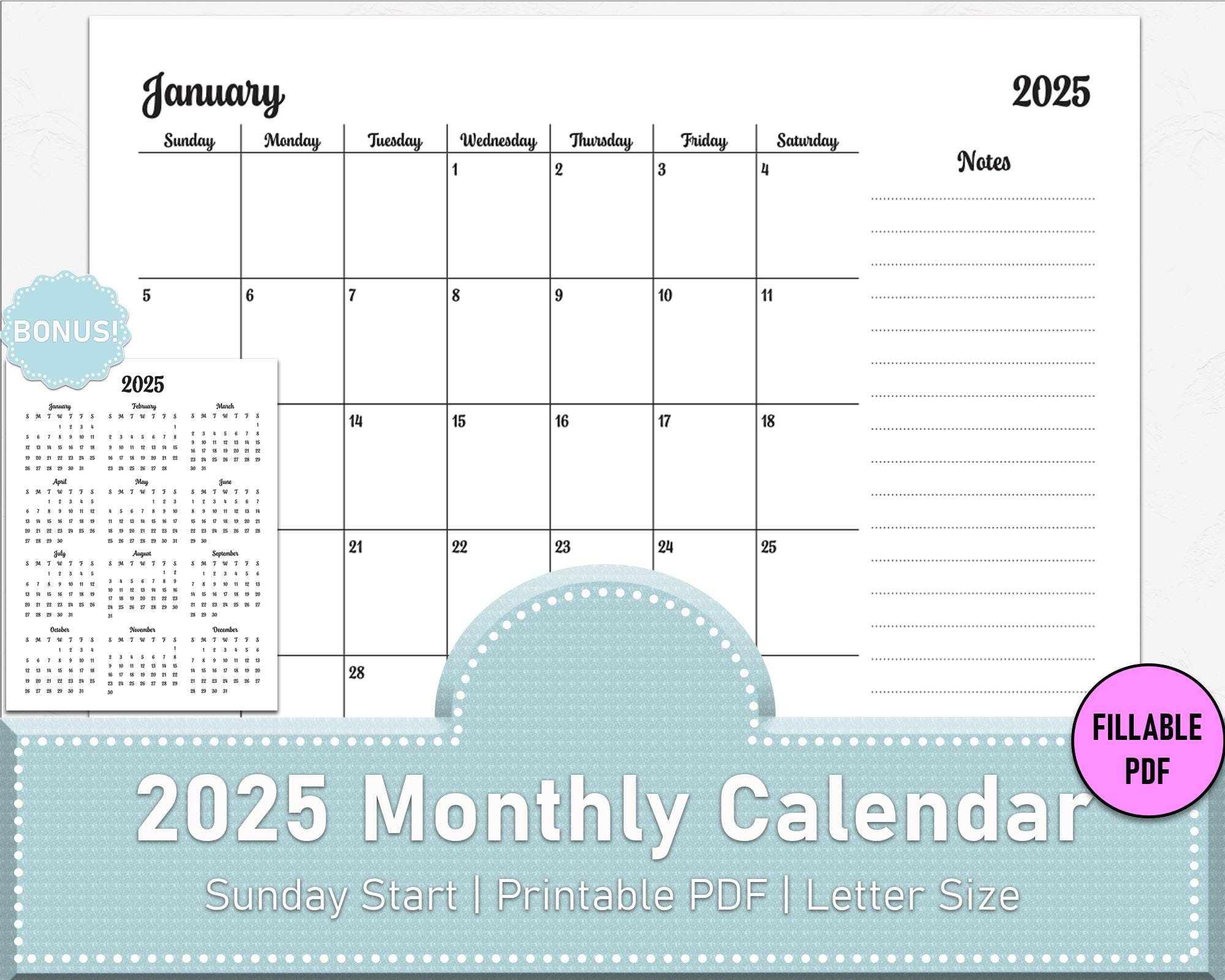 2025 Calendar 2025 Monthly Planner Fillable Minimalist Monthly Calendar Sunday Start Calendar 2025 Letter Size Wall Calendar Printable PDF Etsy