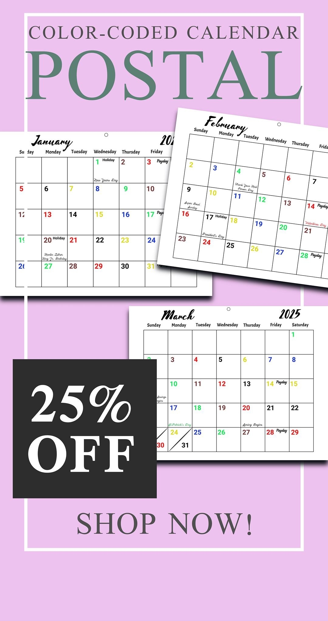 2025 Color coded Postal Calendar Digital Download Clutter free Bright Easy to read Design For All Postal Employees Organized Fresh Etsy 2025 Color coded Postal Calendar Digital Download Clutter free Bright Easy to read Design For All Postal Employees Organized Fresh Etsy