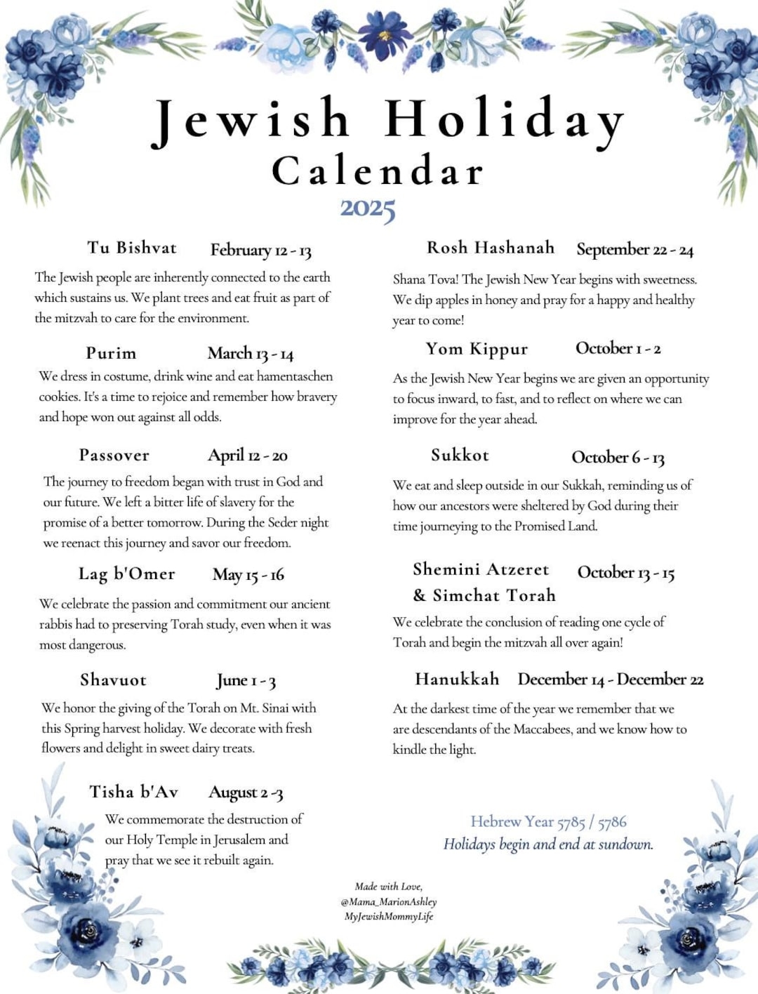 2025 NEW Jewish Holiday Calendar Hebrew Calendar 5785 5786 Hanukkah Etsy Israel