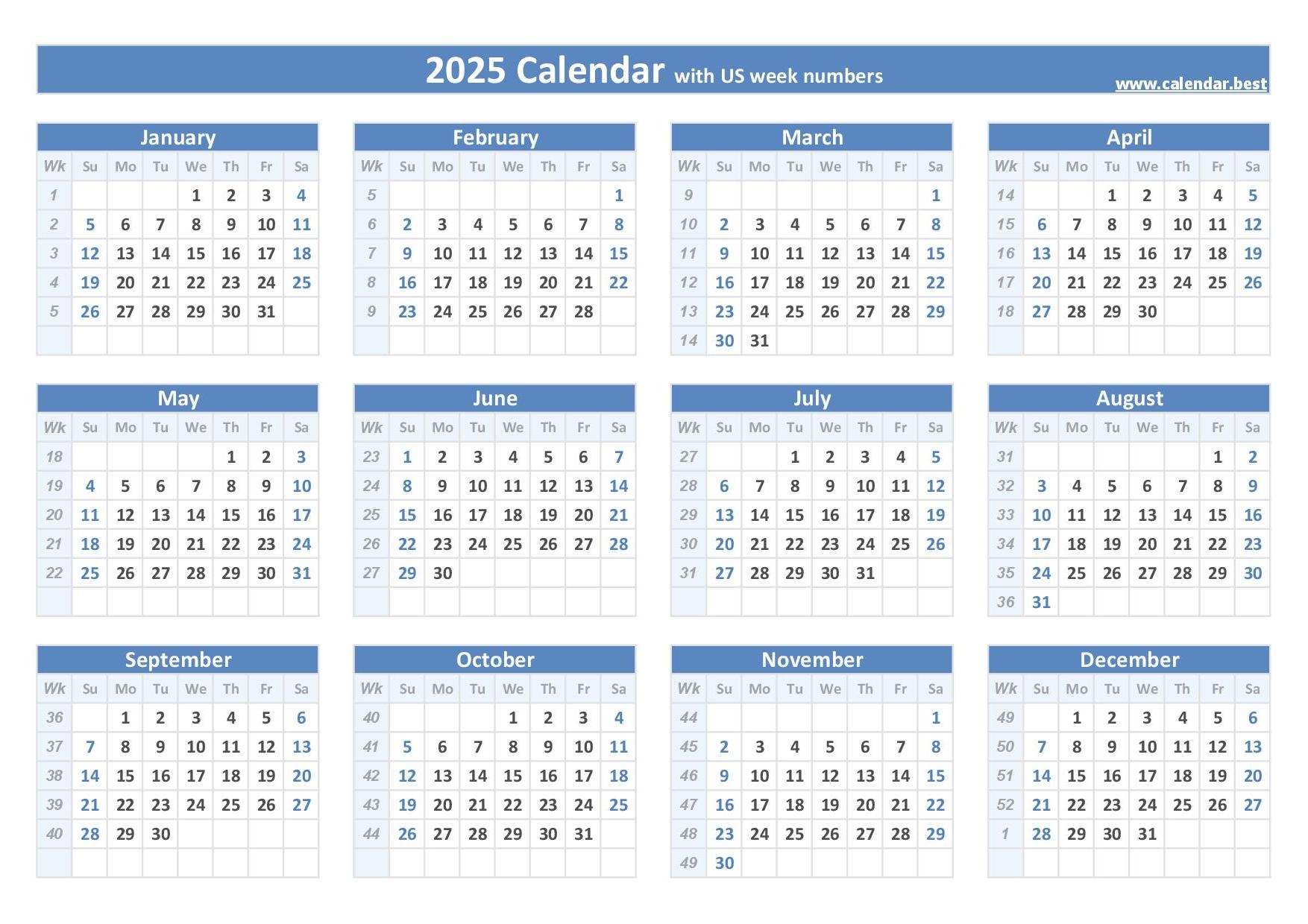 2025 Printable Calendar With Week Numbers And Holidays 2025 Printable Calendar With Week Numbers And Holidays