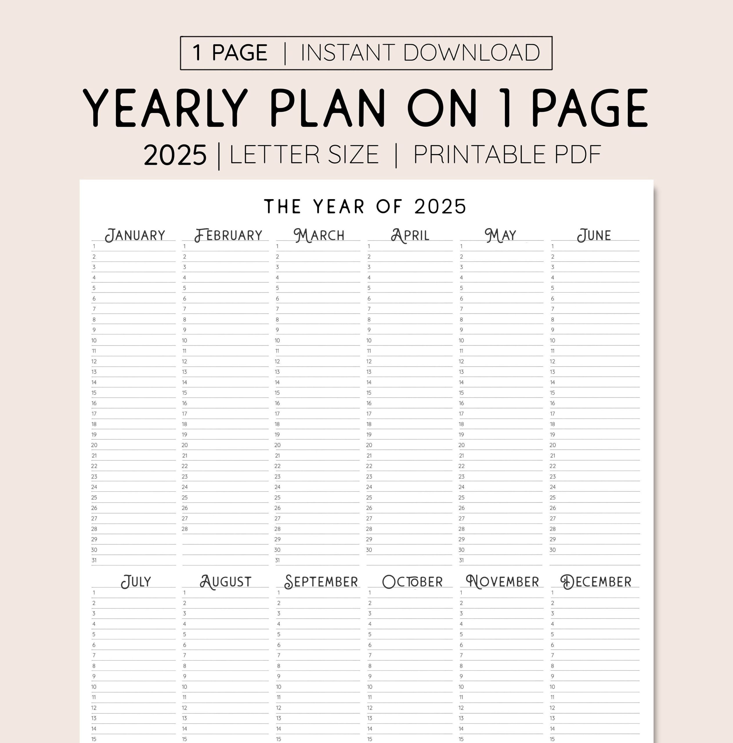 2025 Year At A Glance INSTANT DOWNLOAD Yearly Overview Printable Calendar 2025 Yearly Planner Annual Overview Etsy
