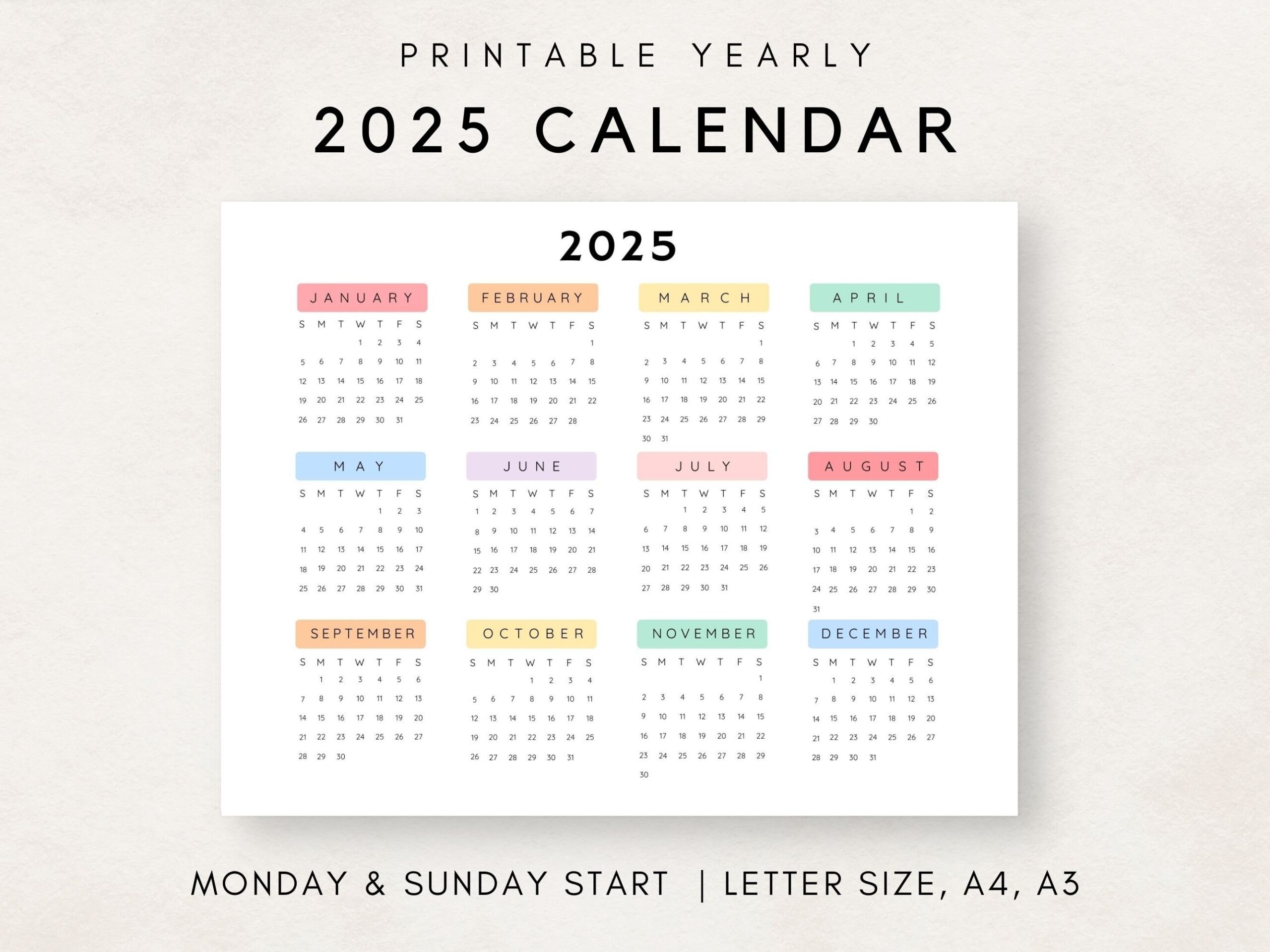 2025 Yearly Calendar Printable Calendar 2025 Calendar 2025 Digital Calendar Year At A Glance 2025 Annual Calendar Yearly Wall Calendar Etsy