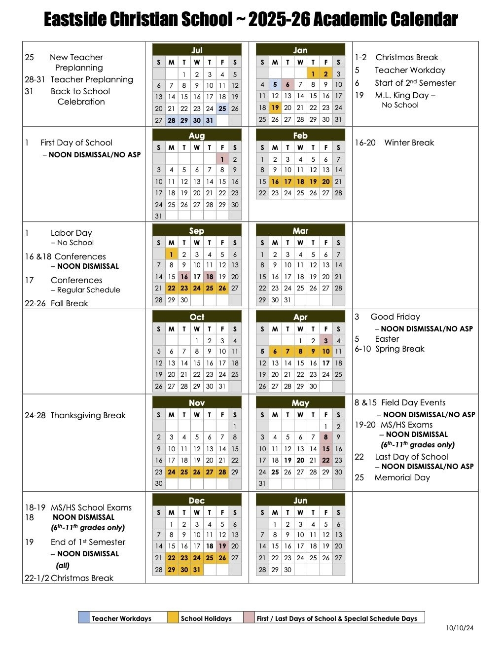 Academic Calendar Eastside Christian School East Cobb Private School Academic Calendar Eastside Christian School East Cobb Private School