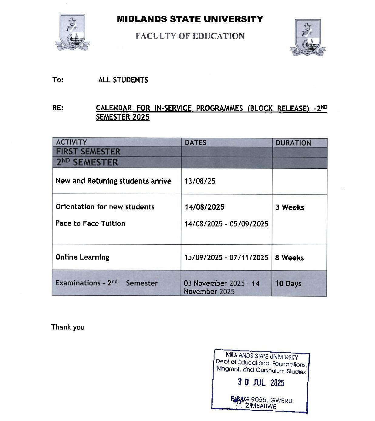 Academic Calendar Midlands State University