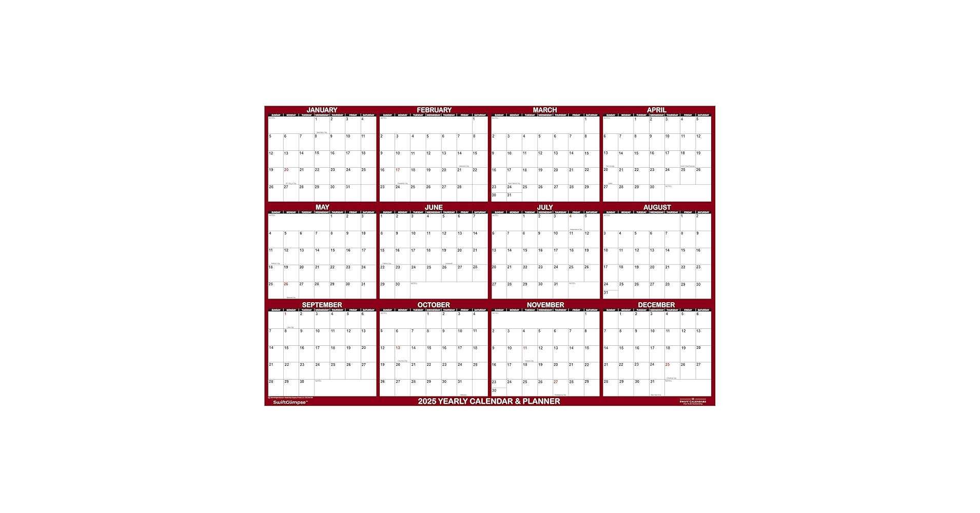 Amazon 48 X 72 SwiftGlimpse 2025 Wall Calendar Erasable HUGE Jumbo Wet Dry Erase Laminated 12 Month Annual Yearly Wall Planner Horizontal Maroon Office Products