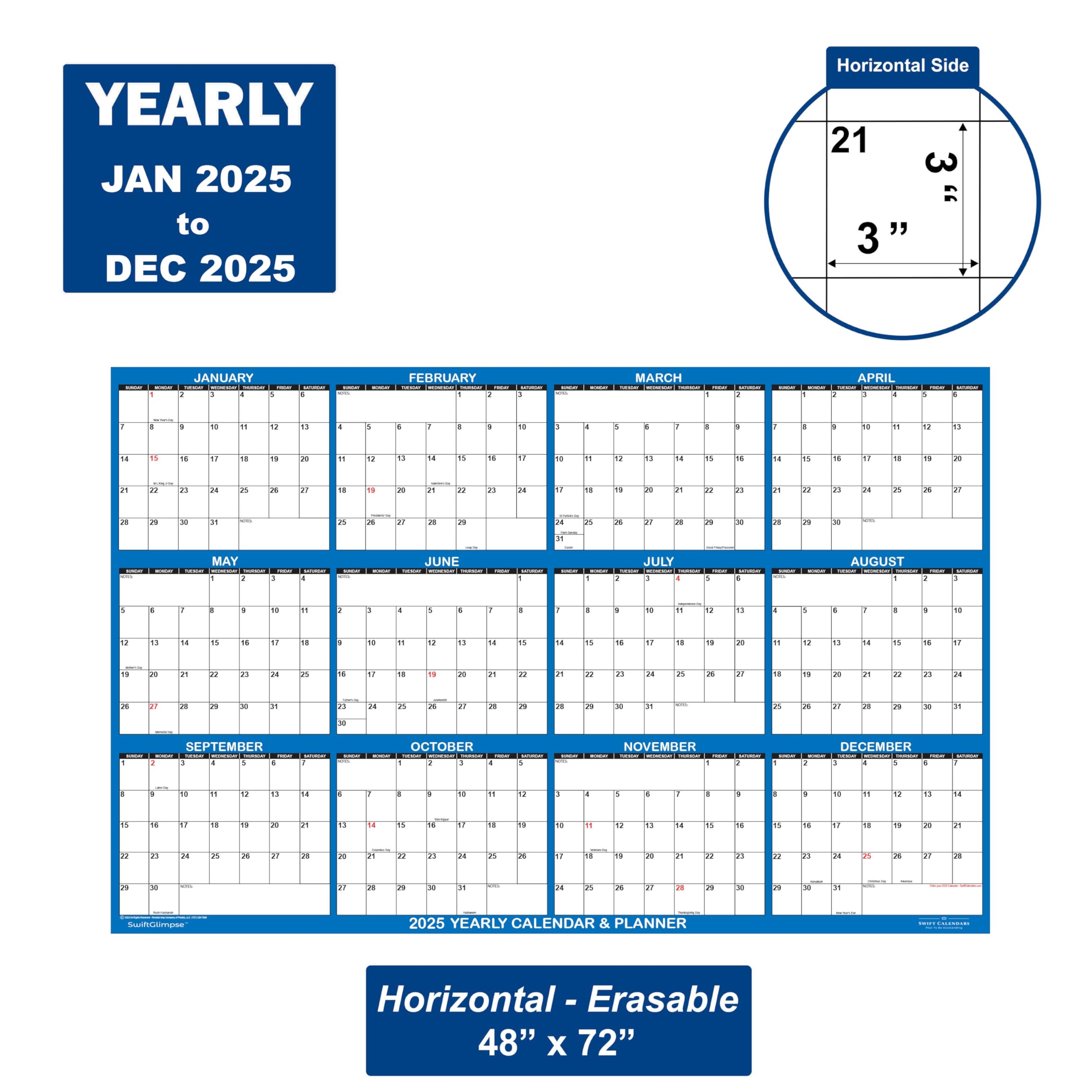 Amazon 48 X 72 SwiftGlimpse 2025 Wall Calendar Erasable HUGE Jumbo Wet Dry Erase Laminated 12 Month Annual Yearly Wall Planner Horizontal Navy Office Products