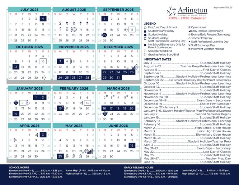 Arlington ISD School District Calendar 25 26 PDF EduCounty