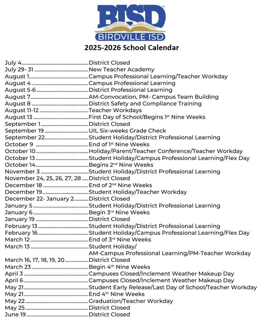 Birdville ISD 2025 2026 Instructional Calendar Northeast News Birdville ISD 2025 2026 Instructional Calendar Northeast News