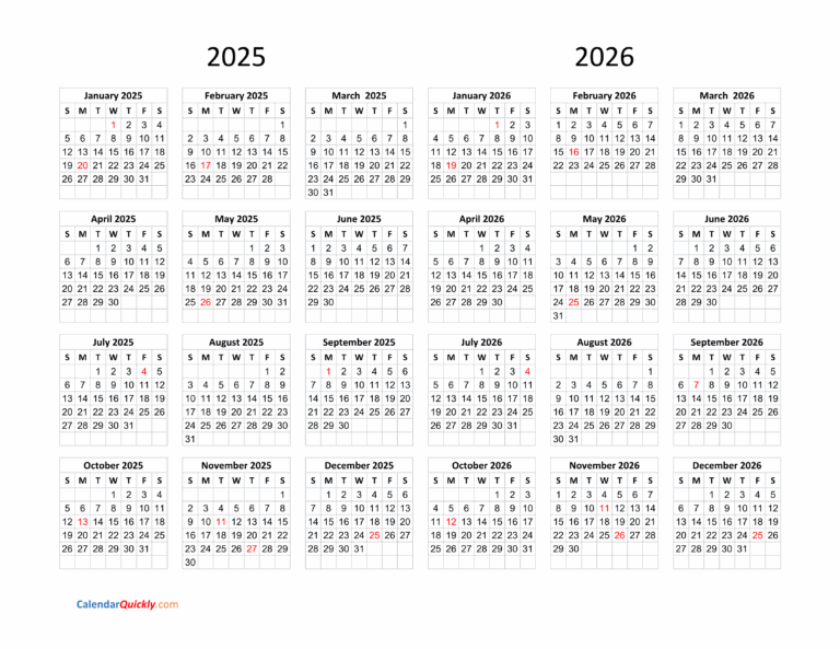 Calendar 2025 And 2026 On One Page Calendar Quickly