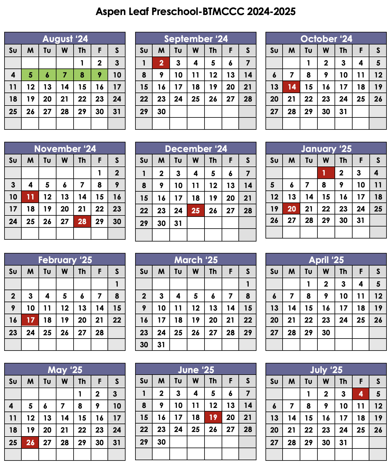 Calendar Aspen Leaf Preschool Calendar Aspen Leaf Preschool