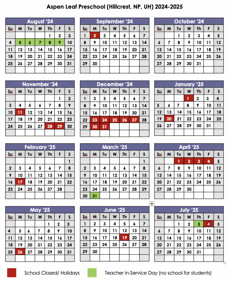 Calendar Aspen Leaf Preschool
