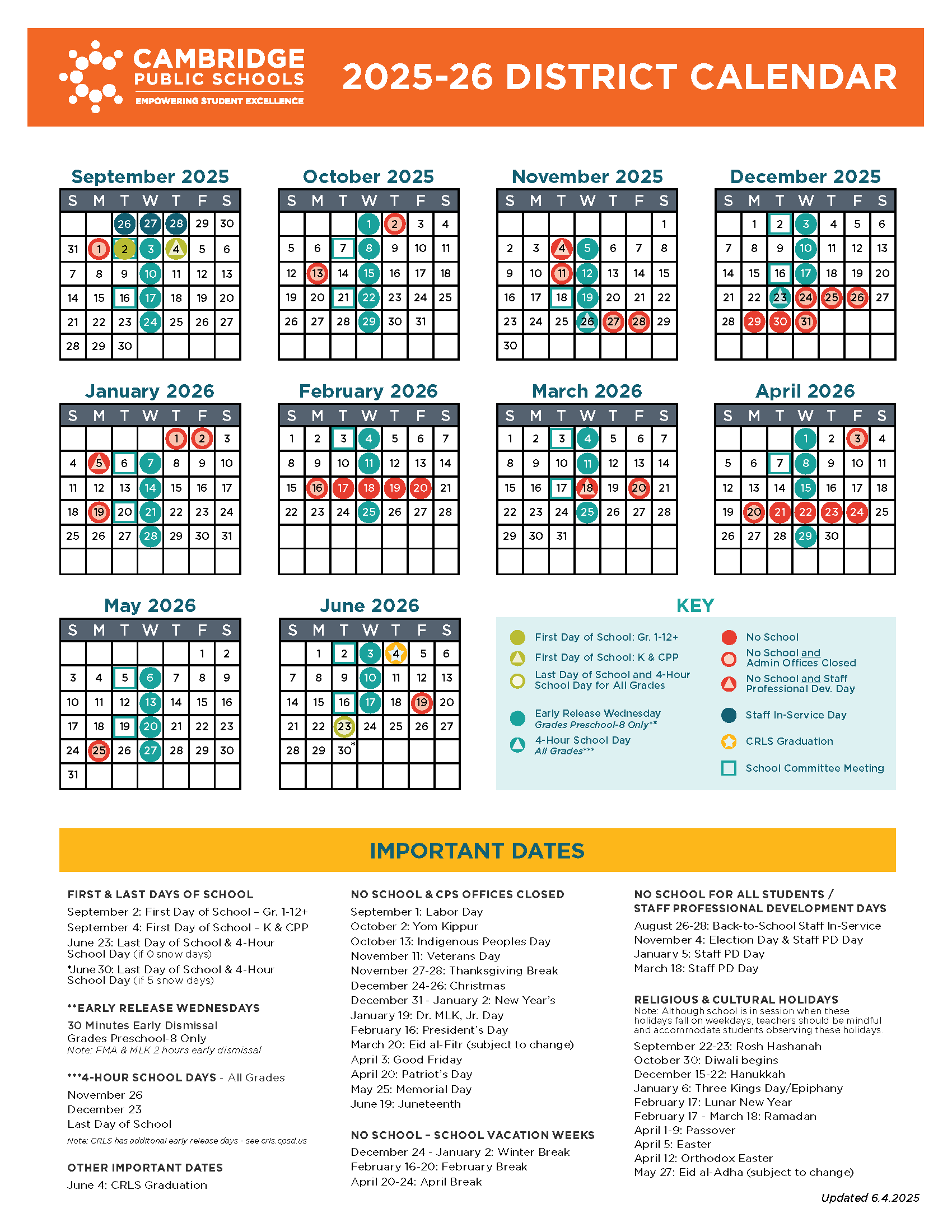 District Calendar Cambridge Public Schools District Calendar Cambridge Public Schools