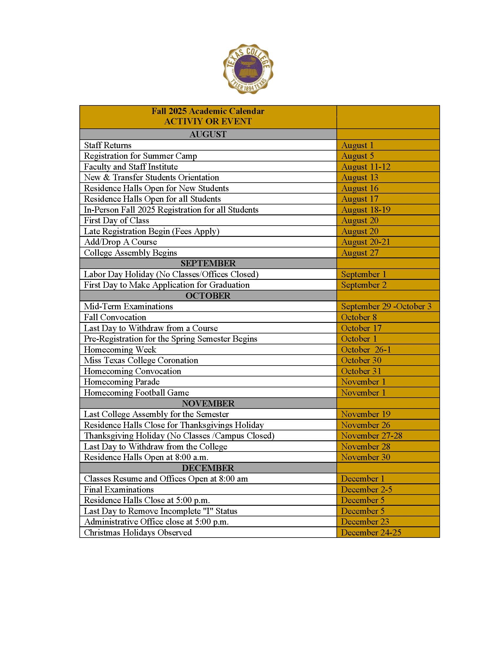 Fall 2025 College Calendar Fall 2025 College Calendar
