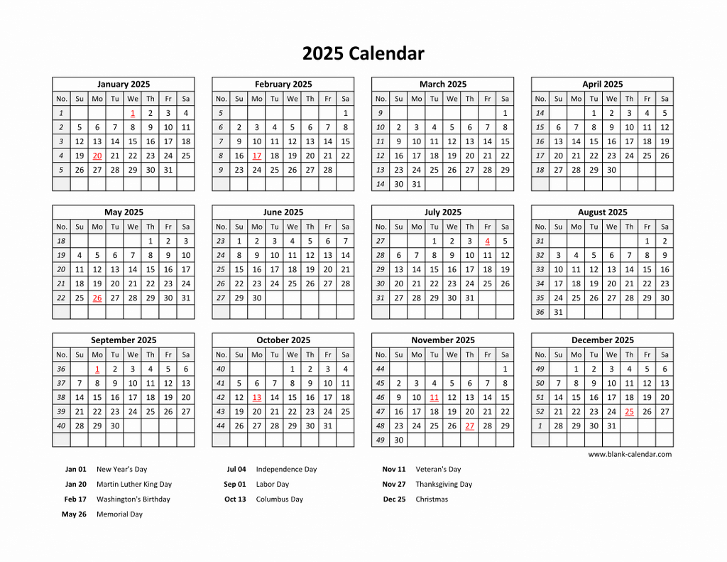 Free Download Printable Calendar 2025 With US Federal Holidays One Page Horizontal Free Download Printable Calendar 2025 With US Federal Holidays One Page Horizontal