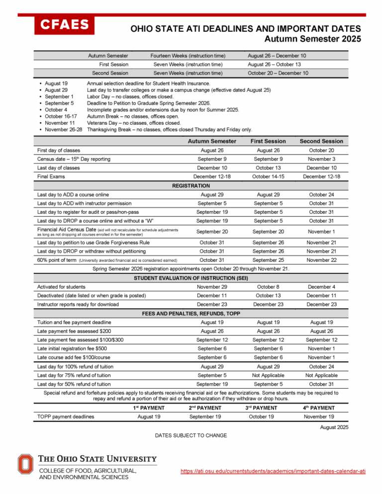 Important Dates Calendar ATI Ohio State ATI