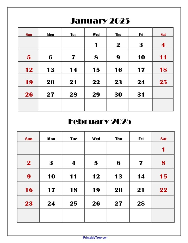 January And February 2025 Calendar Two Months Calendar