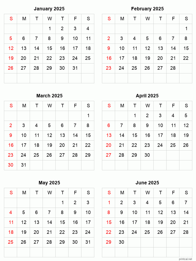 6 month calendar 2025