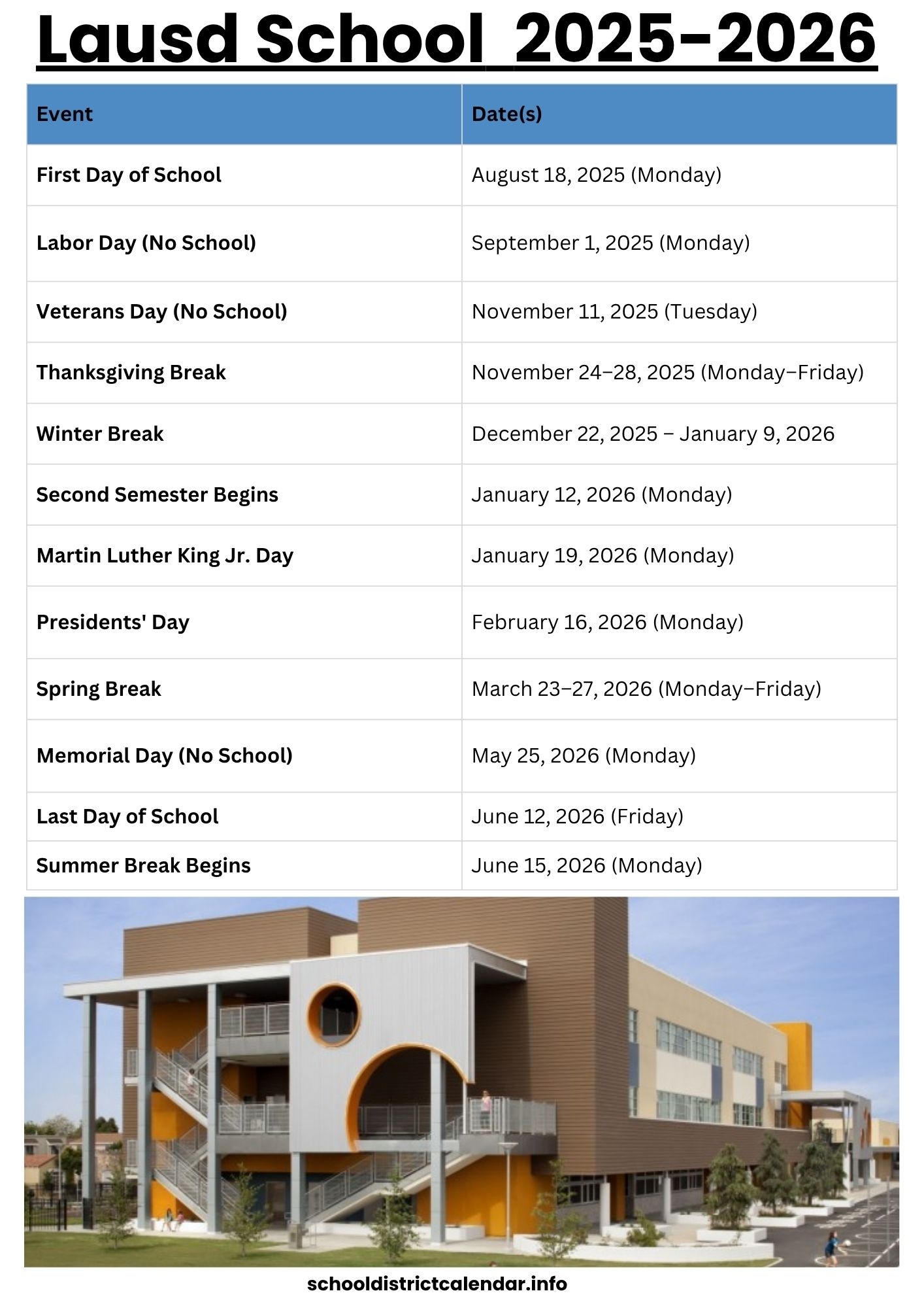Lausd School Calendar With Holidays 2025 2026 Lausd School Calendar With Holidays 2025 2026
