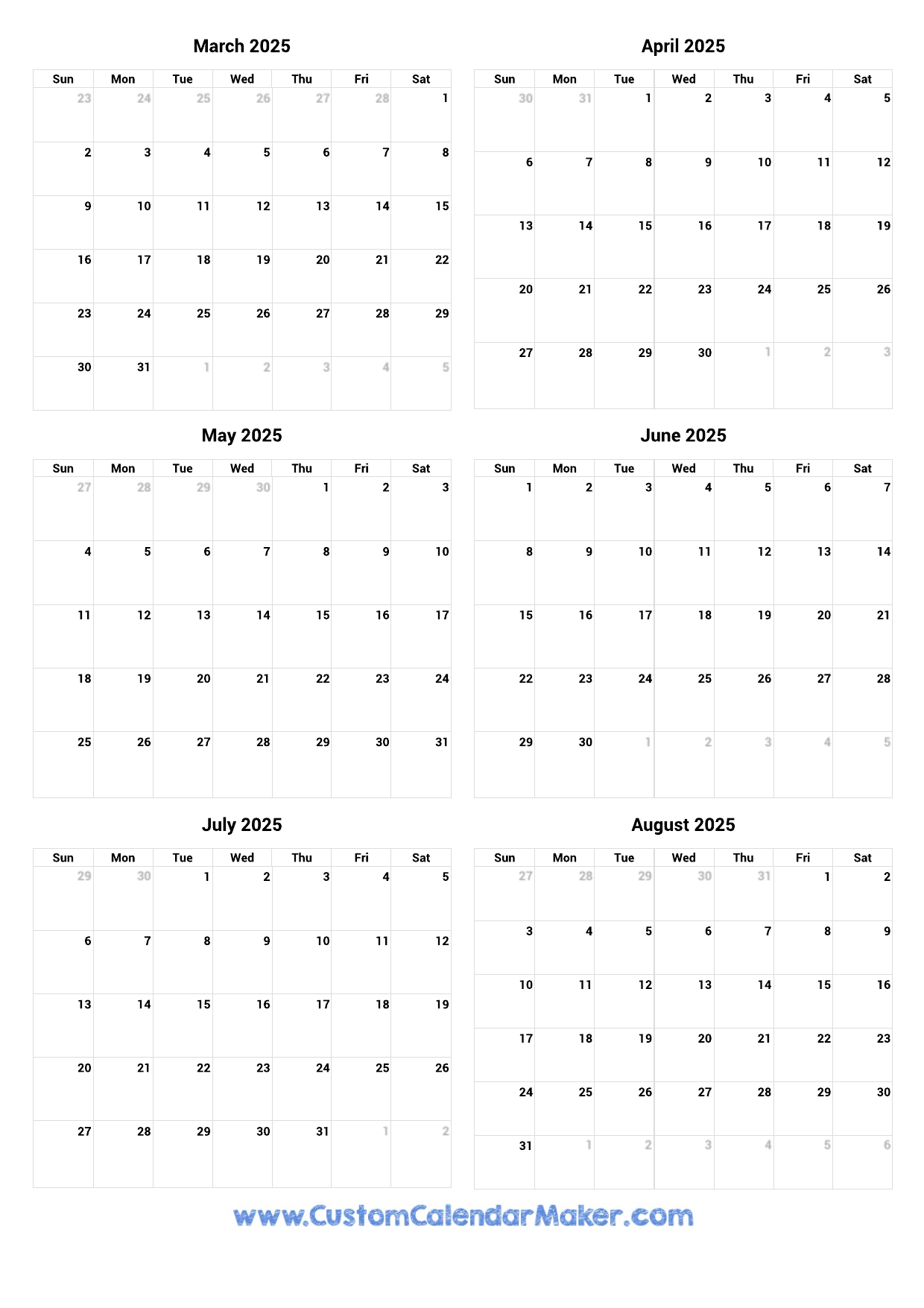March To August 2025 Printable Calendar Custom Calendar Maker