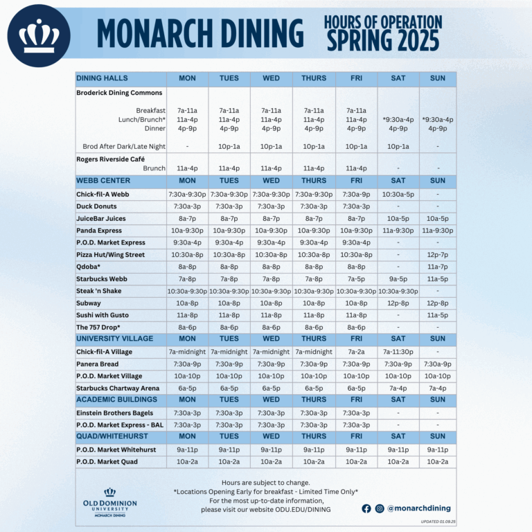 Monarch Dining Spring 2025 Semester Hours Old Dominion University
