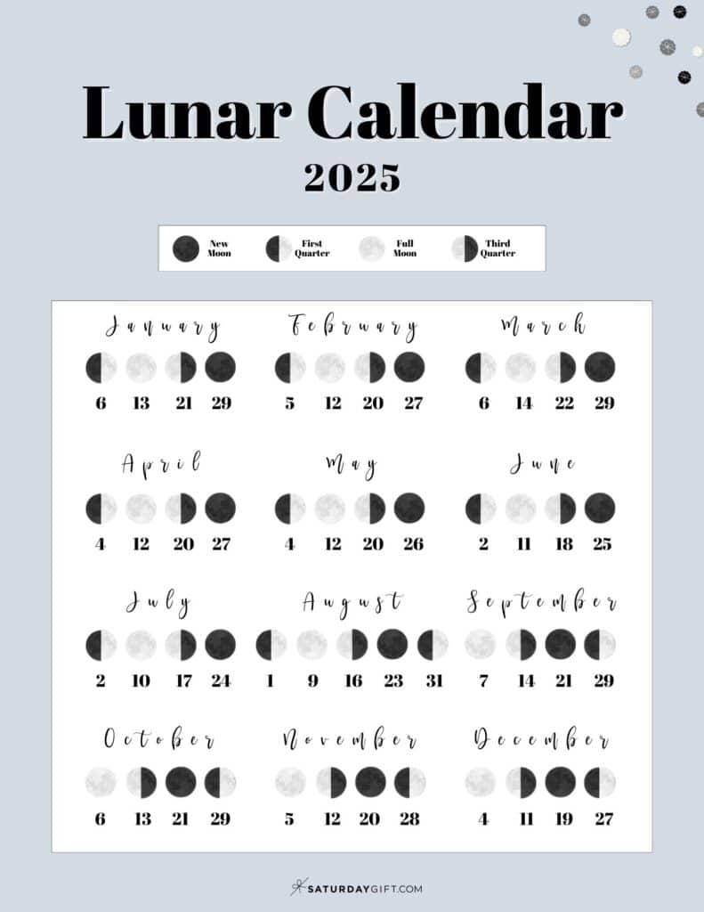 Moon Phase Calendar 12 Cute Free Printable 2025 Lunar Calendars Moon Phase Calendar 12 Cute Free Printable 2025 Lunar Calendars
