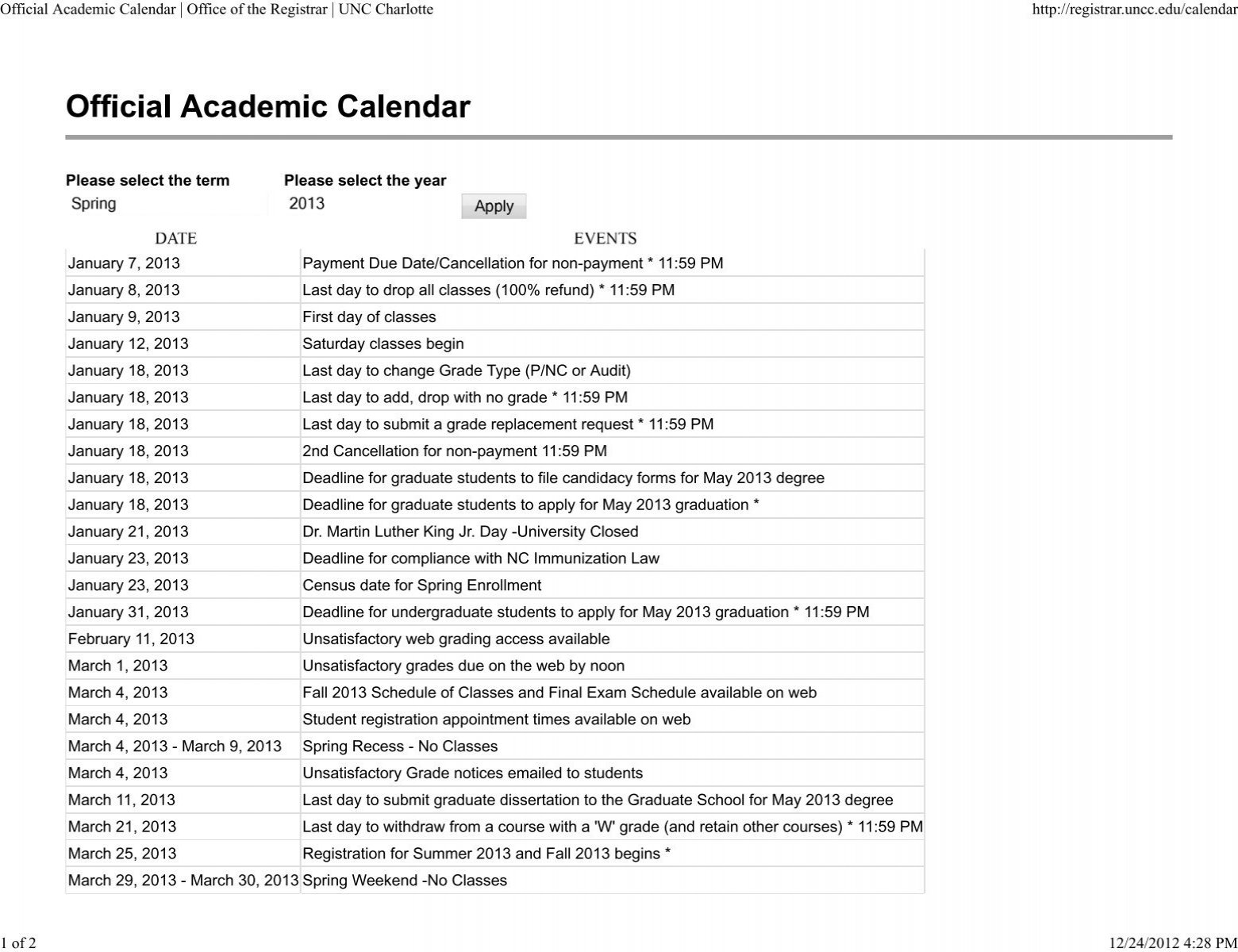 Official Academic Calendar Office Of The Registrar UNC Charlotte Official Academic Calendar Office Of The Registrar UNC Charlotte