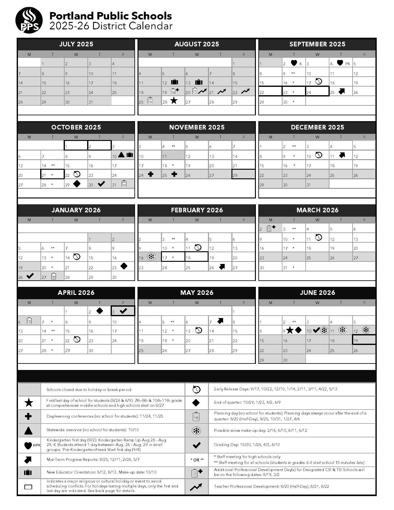 Portland Public Schools Calendar 2025 2026 District Portland Public Schools Calendar 2025 2026 District