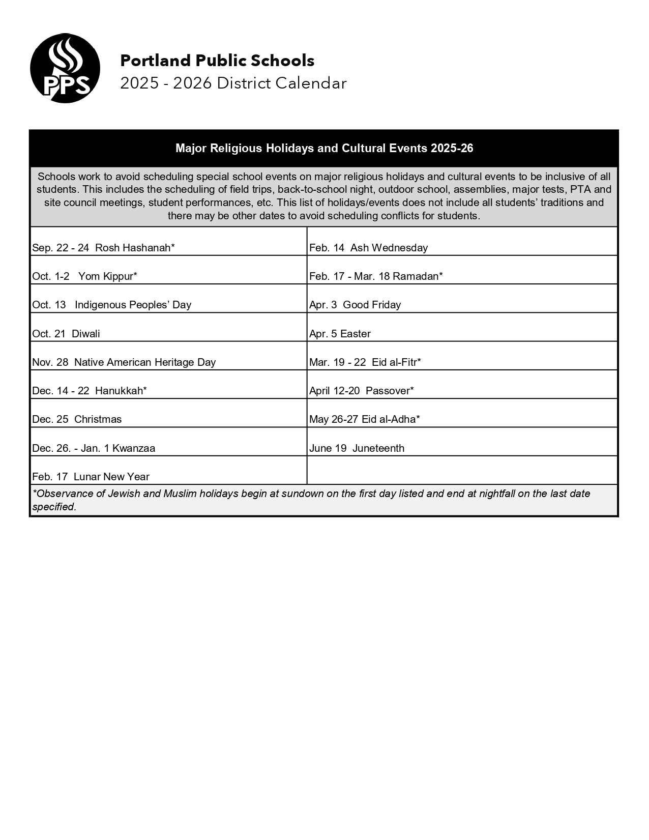 Portland Public Schools Calendar 2025 2026 District Portland Public Schools Calendar 2025 2026 District