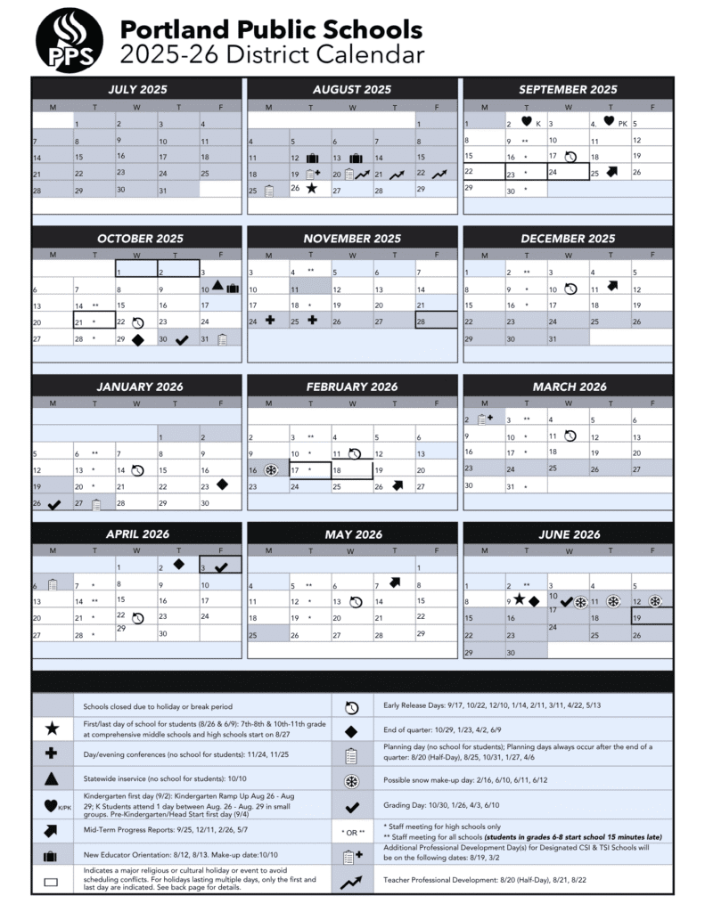 Portland Public Schools Calendar 2025 2026 Holidays 