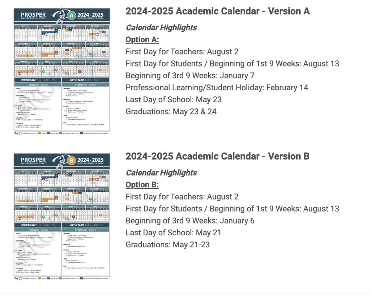 Prosper ISD On X The District Site Based Committee Has Narrowed The Calendar Options And Now We Would Like Your Feedback On Which Calendar Option You Prefer The Board Of Trustees Has Final