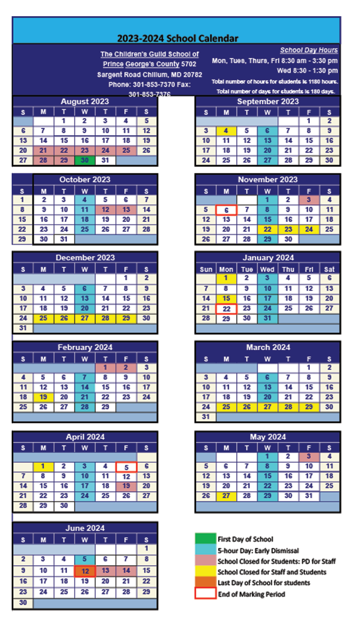School Calendar The Children s Guild School Of Prince George s County School Calendar The Children s Guild School Of Prince George s County