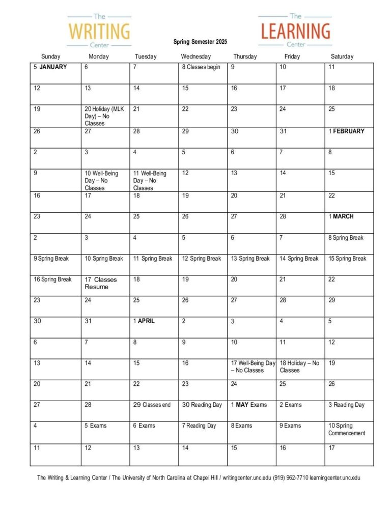 Spring 2025 At A Glance Calendar Learning Center