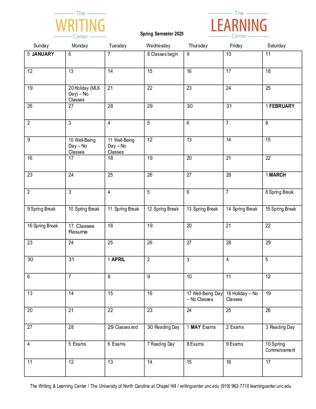 Spring 2025 At A Glance Calendar Learning Center