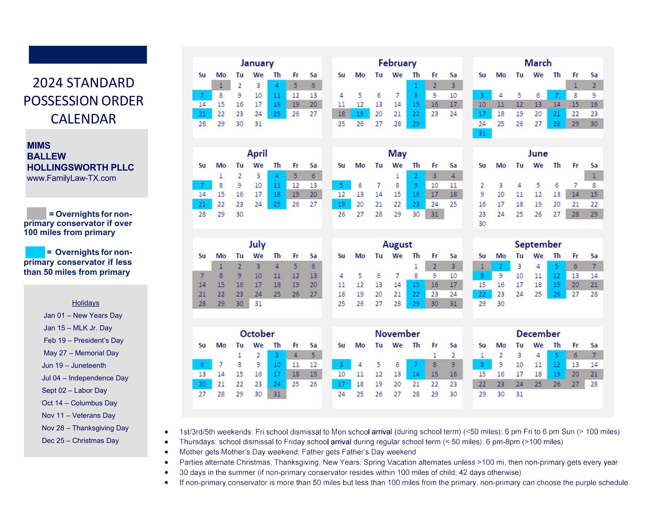Texas Standard Possession Order Custody Calendar