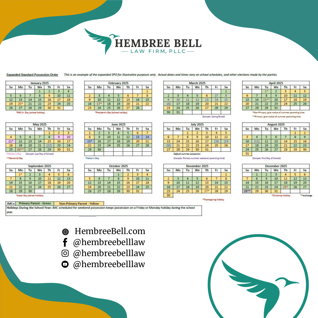 Understanding The Texas Standard Possession Calendar 2025 Hembree Bell Law Firm Understanding The Texas Standard Possession Calendar 2025 Hembree Bell Law Firm