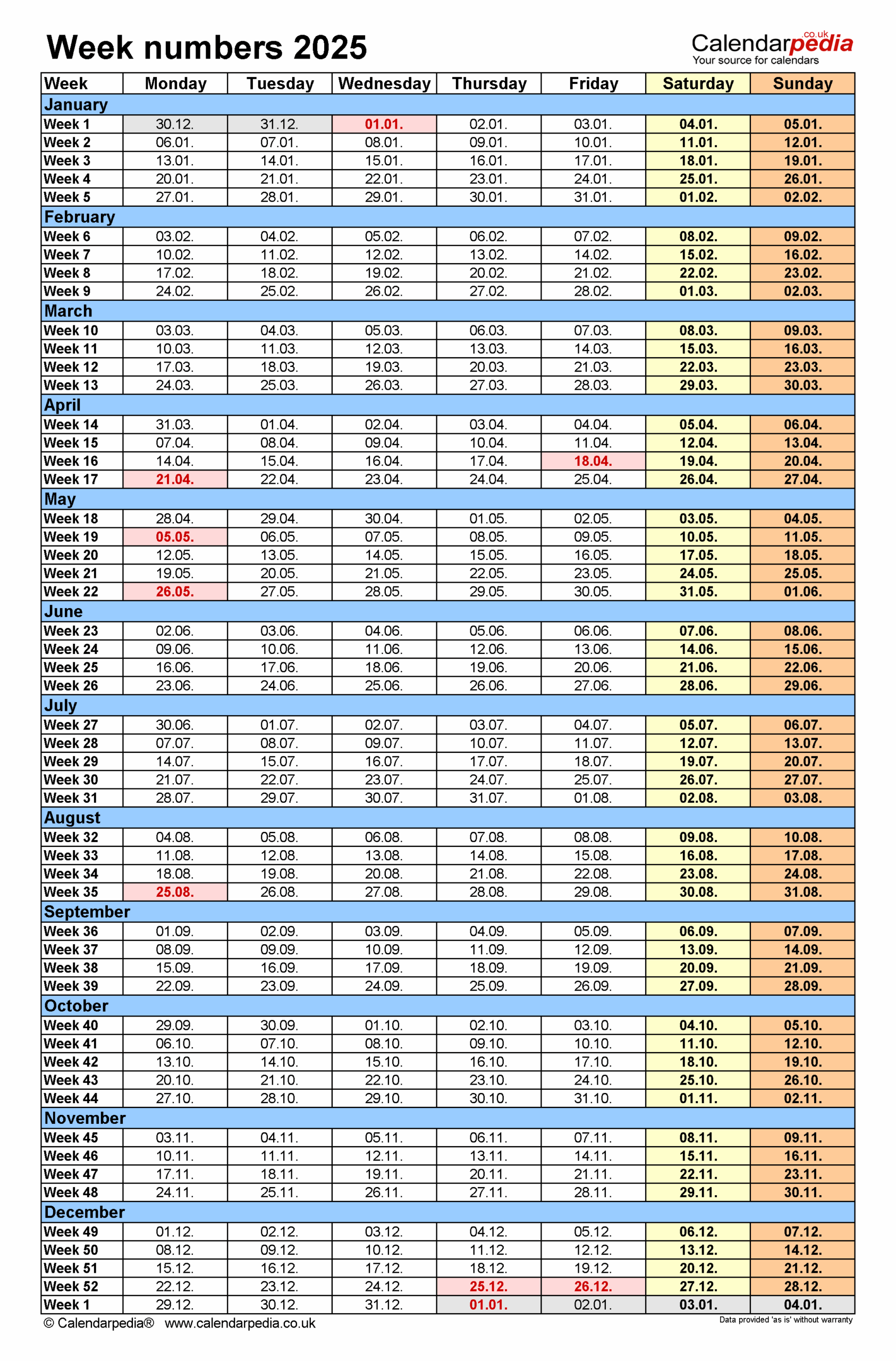 Week Numbers 2025 With PDF Excel And Word Templates