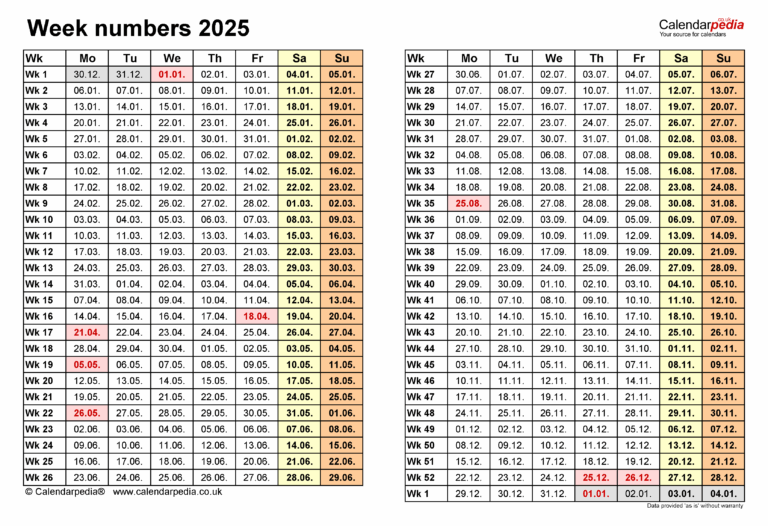 Week Numbers 2025 With PDF Excel And Word Templates