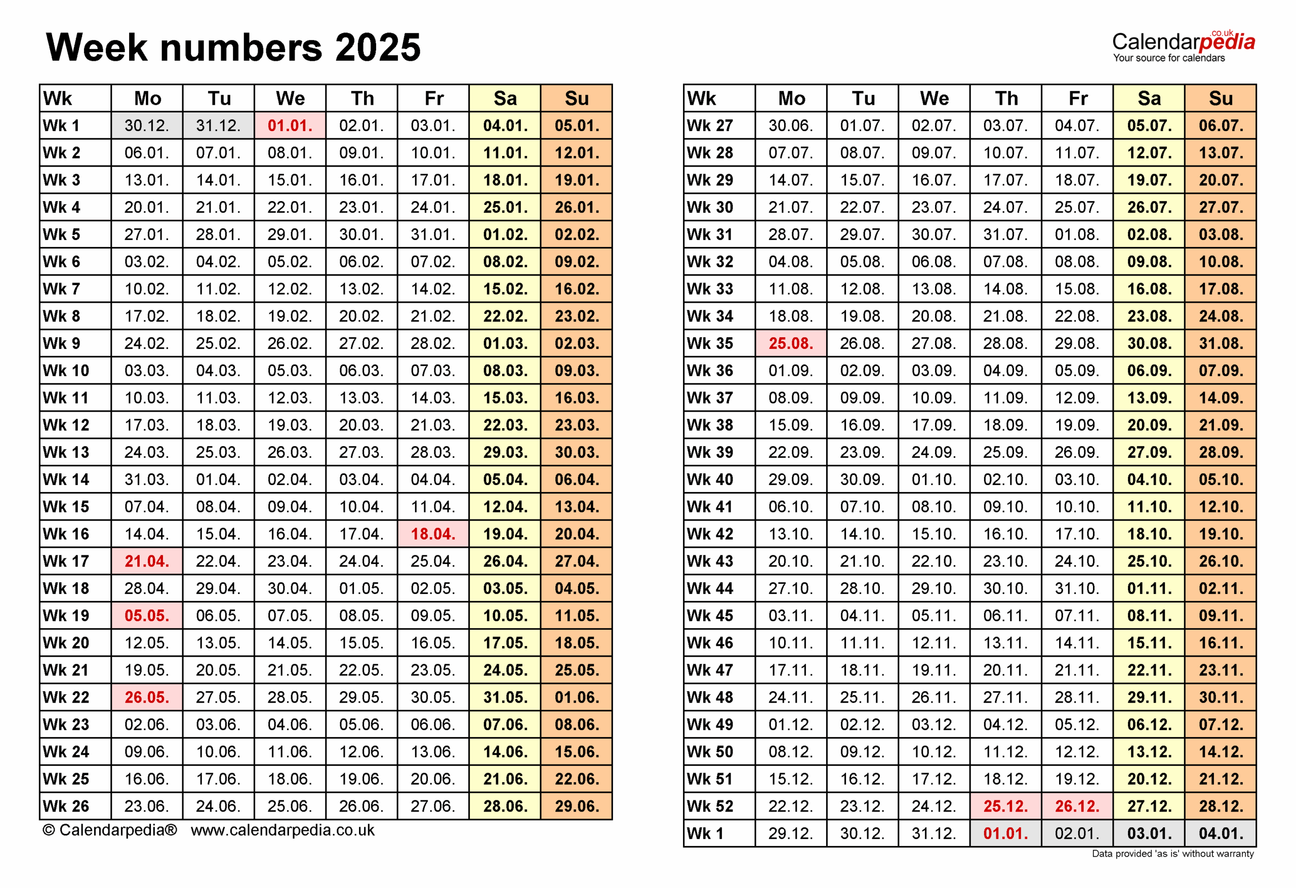 Week Numbers 2025 With PDF Excel And Word Templates