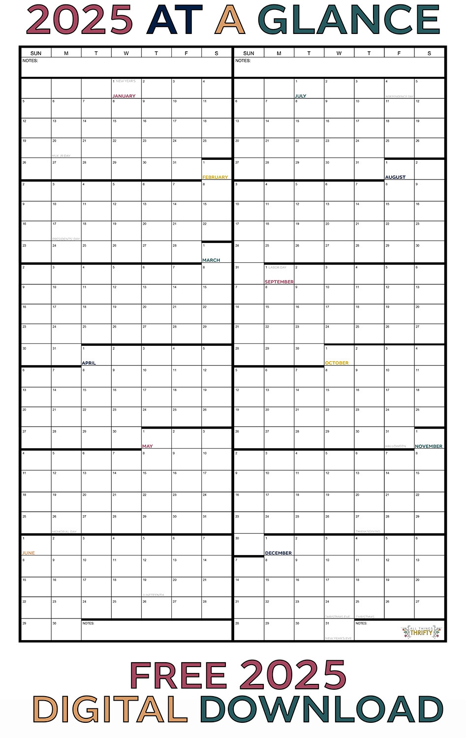 Year At A Glance FREE Printable Calendar All Things Thrifty