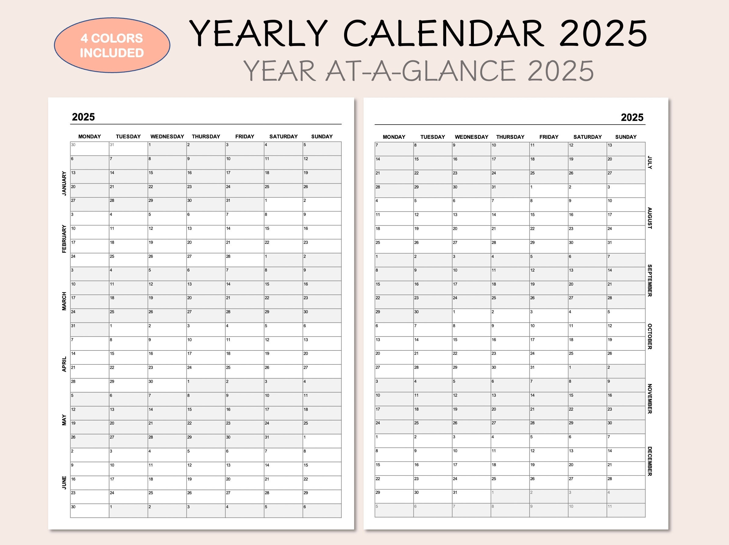 Yearly Calendar 2025 Printable Calendar 2025 Year At A Glance 2025 Yearly Overview 2025 4 Colors MONDAY START Etsy Yearly Calendar 2025 Printable Calendar 2025 Year At A Glance 2025 Yearly Overview 2025 4 Colors MONDAY START Etsy
